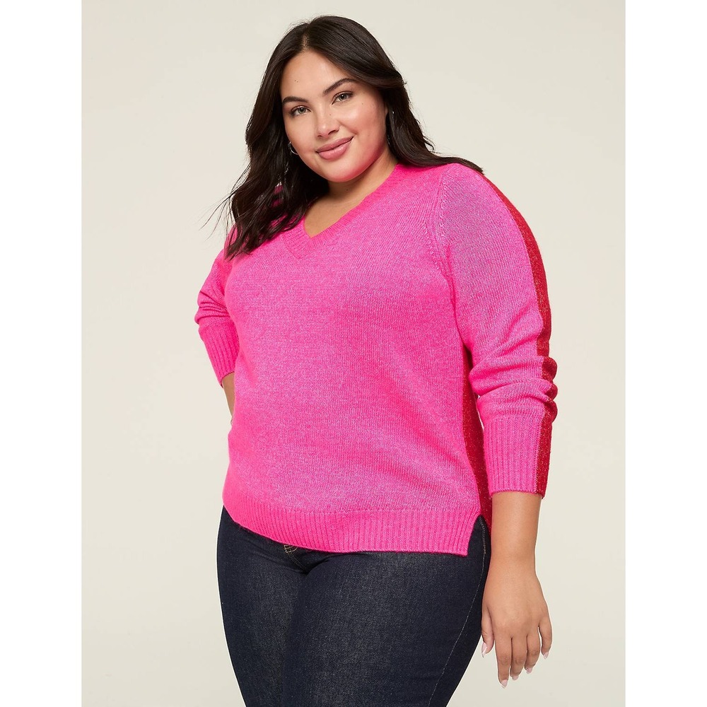 Lane Bryant Womens Plus Size 26/28 V Neck Colorblock Sweater‎ in Red/Pink $69